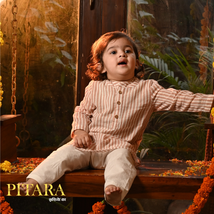 Peach Stripes Kurta Pajama Set – 100% Cotton Ethnic Wear for Boys (0M–7Y)