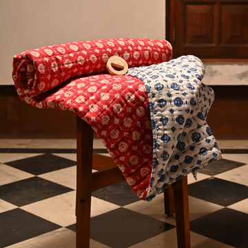 Hand Stitched Reversible AC Comforter – Red & Blue Floral Motifs