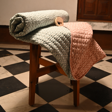 Hand Stitched Reversible AC Comforter – Green & Peach Floral Motifs
