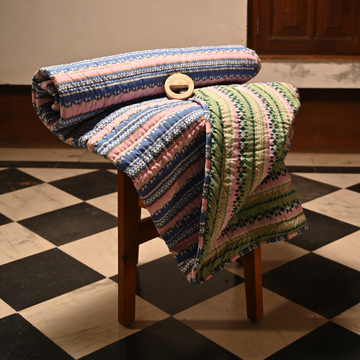 Hand Stitched Reversible Easy Quilt – Pink & Green Stripes