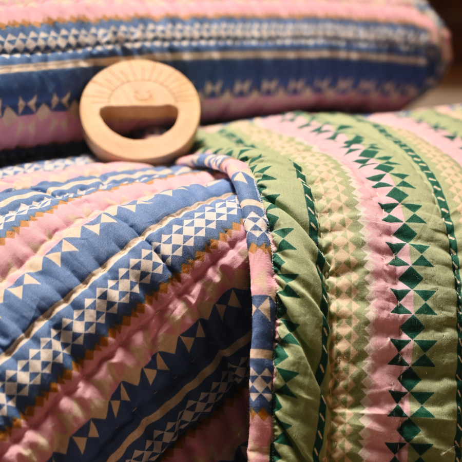 Hand Stitched Reversible Easy Quilt – Pink & Green Stripes