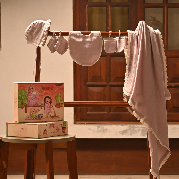 Organic Muslin Baby Gift Set – Lavender (Swaddle, Bib, Mittens, Booties, Cap)