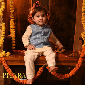 Cream Kurta Bandi Pajama Set with Blue Jacket – Cotton Festive Outfit for Boys (0M–7Y)