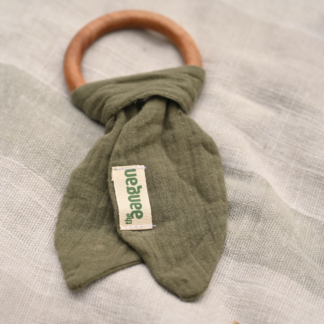 Paan Pedha Newborn Set – Olive Green (Teether Ring, Burp Cloth, Wash Cloth)