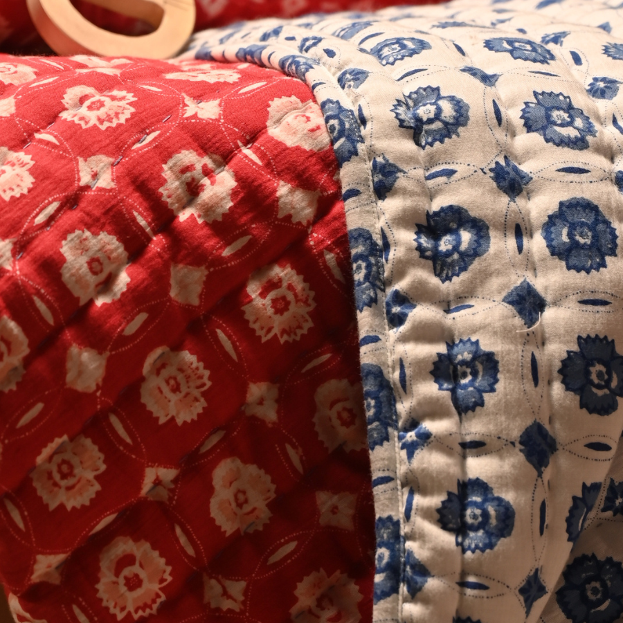 Hand Stitched Reversible AC Comforter – Red & Blue Floral Motifs