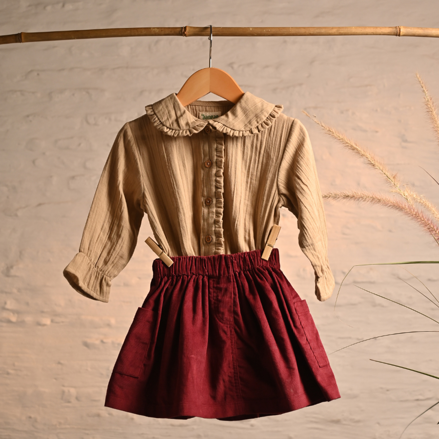 Maroon Corduroy Skirt Set with Beige Top