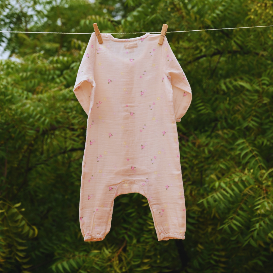 Organic Muslin Romper – Pink Flower Full Sleeve (0–12M, Unisex)