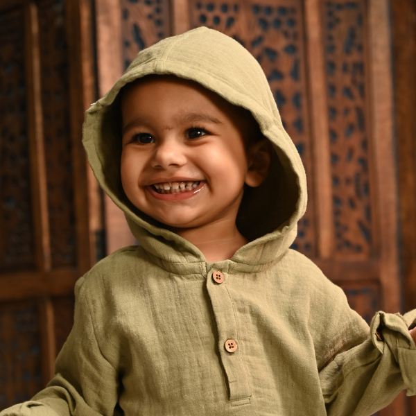 Olive Green Muslin Co-ord Set – Hoodie & Joggers (6 Months to 7 Years)