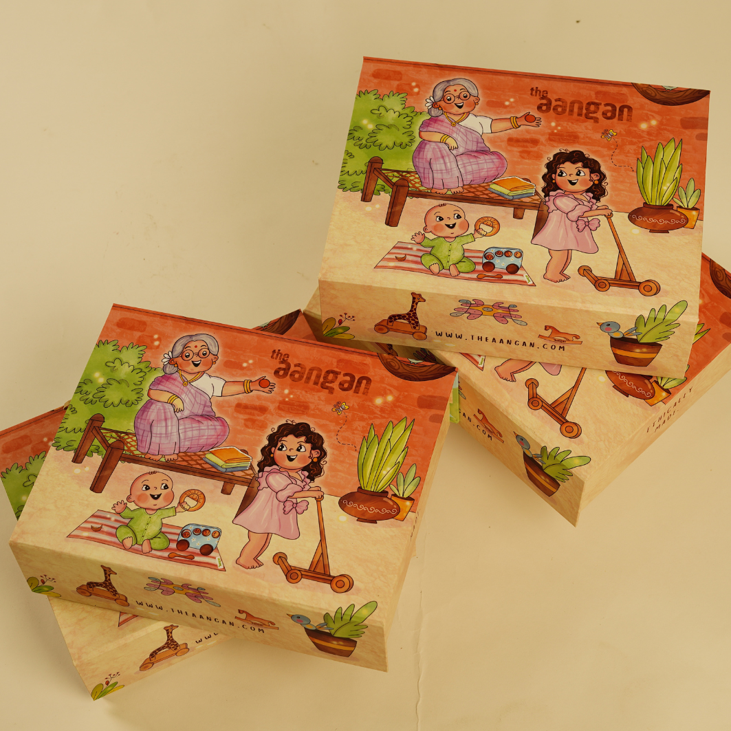 Organic Muslin Blue Swaddle and Neem Wood Giraffe Toy Combo - The Aangan Gift Box