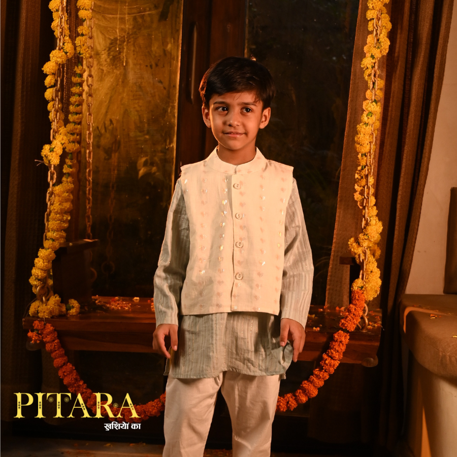Mint Green Kurta Bandi Pajama Set with Cream Jacket – Cotton Festive Outfit for Boys (0M–7Y)