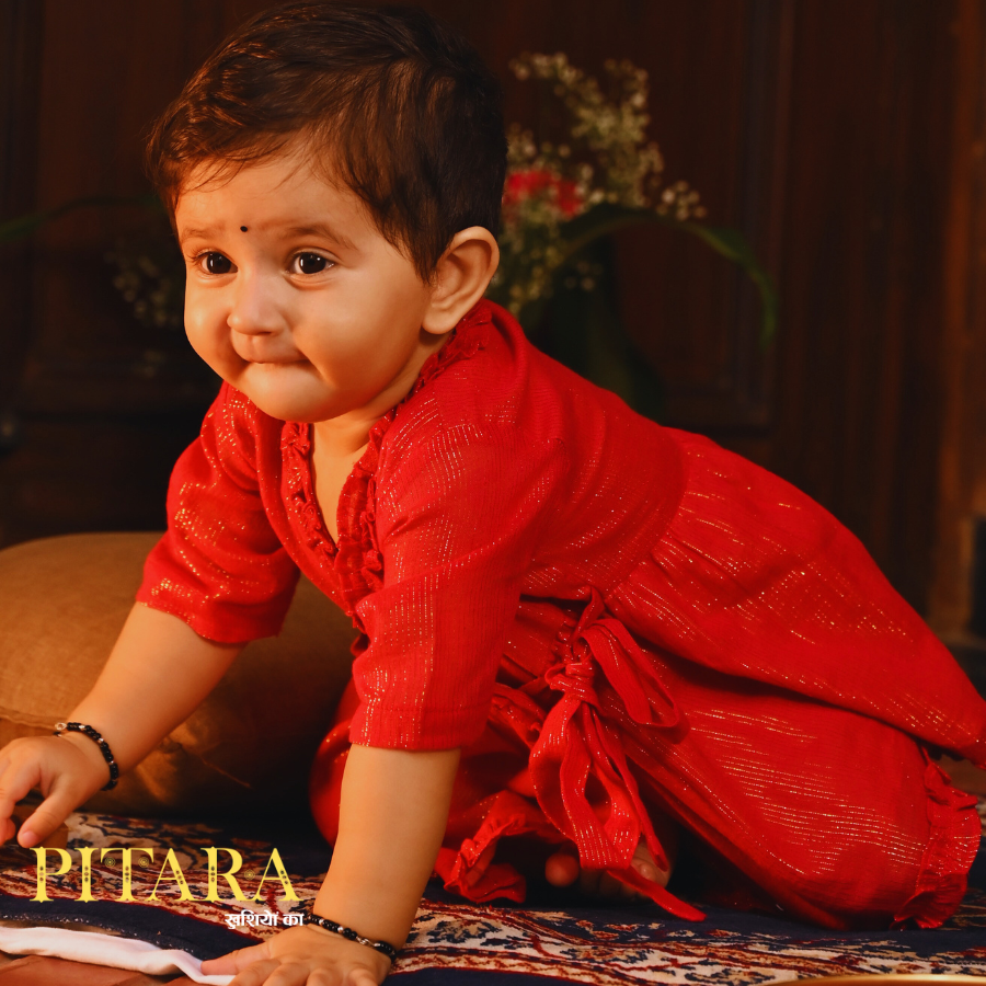 Gulal Red Cotton Frock – Baby Girl Festive Dress (0–12M)