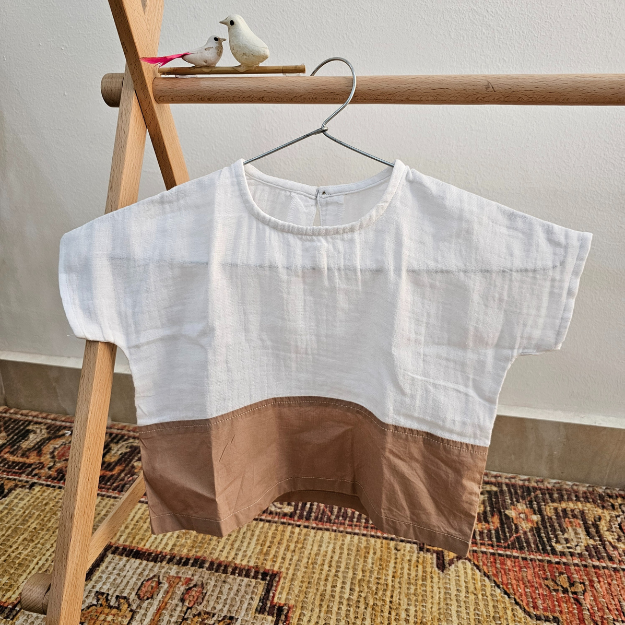 Aangan Camel Beige & White Baby Boy Two-Piece Set | Natural Fabric, Breathable Shorts & Top