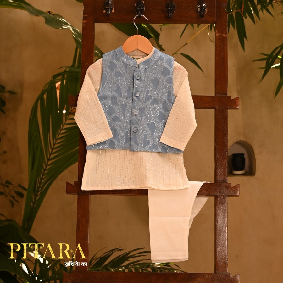Cream Kurta Bandi Pajama Set with Blue Jacket – Cotton Festive Outfit for Boys (0M–7Y)