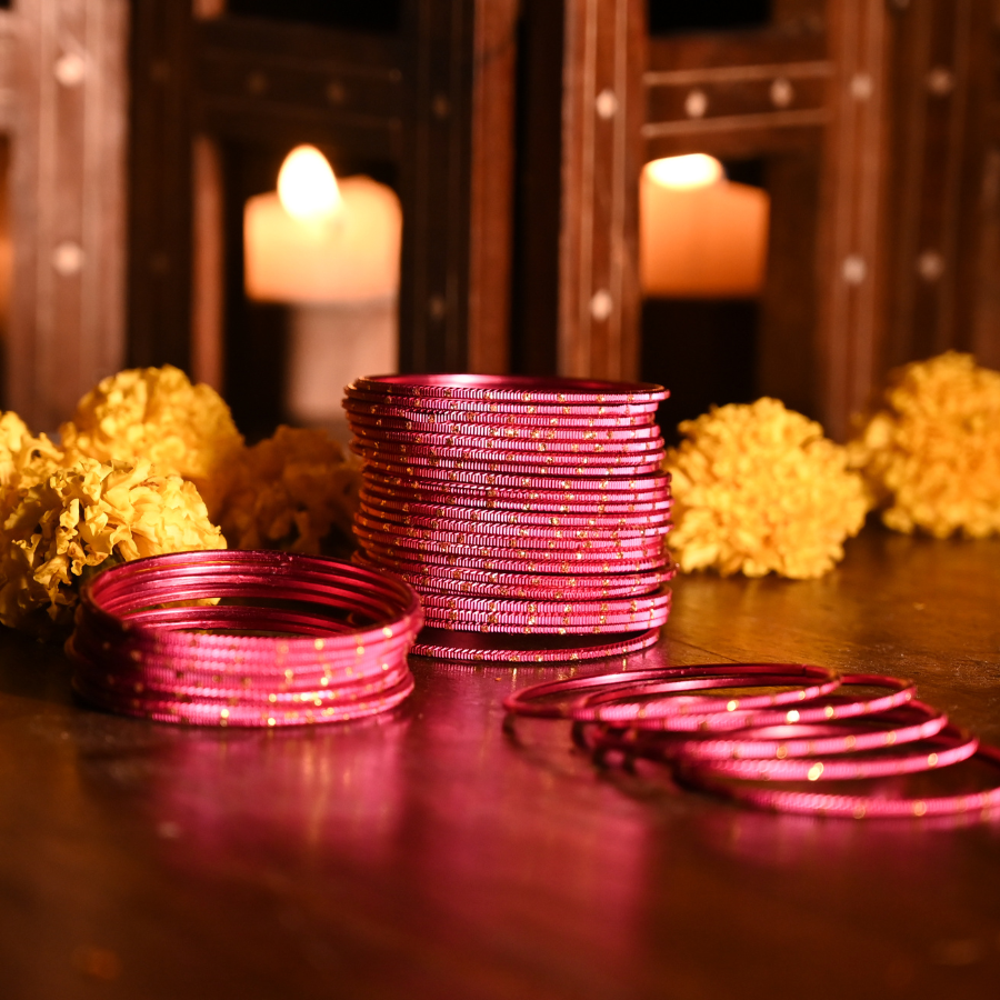 Pink Blossom Bangles Set – Traditional Festive Metal Set