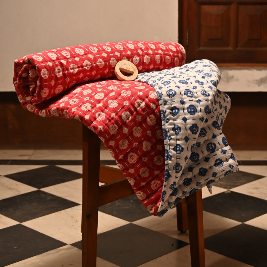 Hand Stitched Reversible Easy Quilt – Red & Blue Floral Motifs