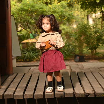 Maroon Corduroy Skirt Set with Beige Top