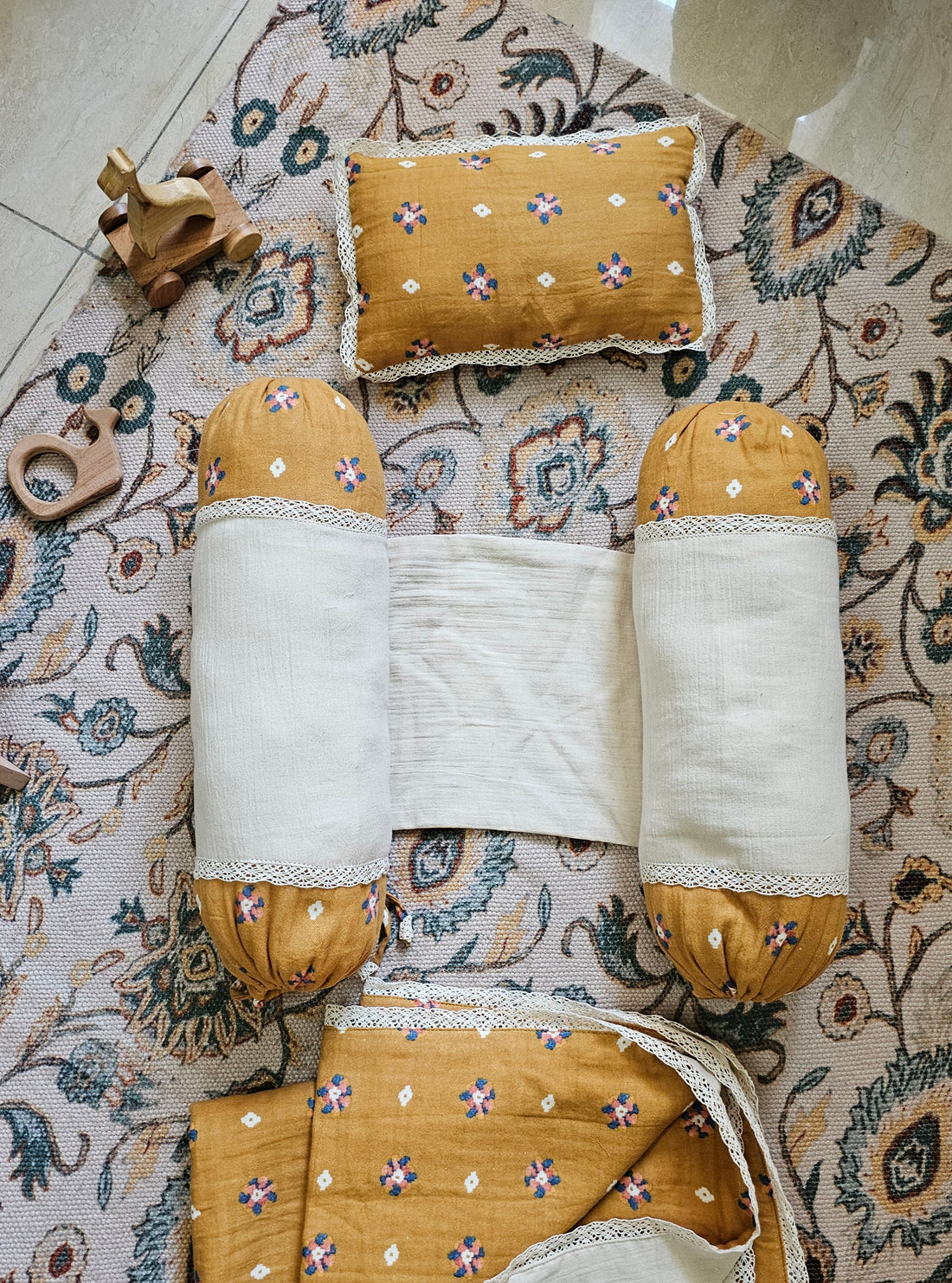 Mustard Cotton Baby Dohar Set with Pillow & Anti Rolling Side Pillow