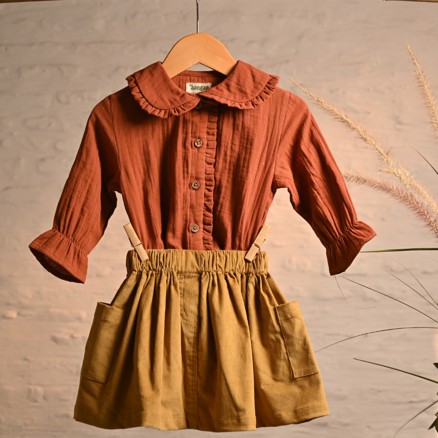 Brown Corduroy Skirt Set with Maroon Top