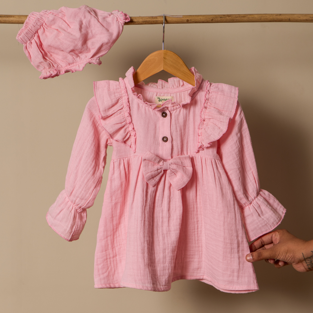 Aangan Baby Girl Pink Ruffle Frock Set | 100% Pure Natural Cotton Gauge Fabric