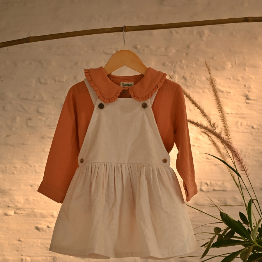 Off-White Corduroy Tunic Set with Peach Top