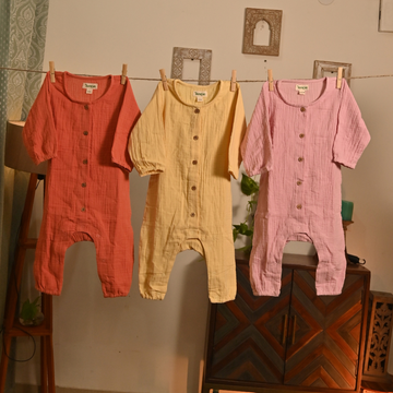 Dopahar Romper Set – Combo of 3 (Kesari, Sunehri Dhoop & Gulabi Shaam)