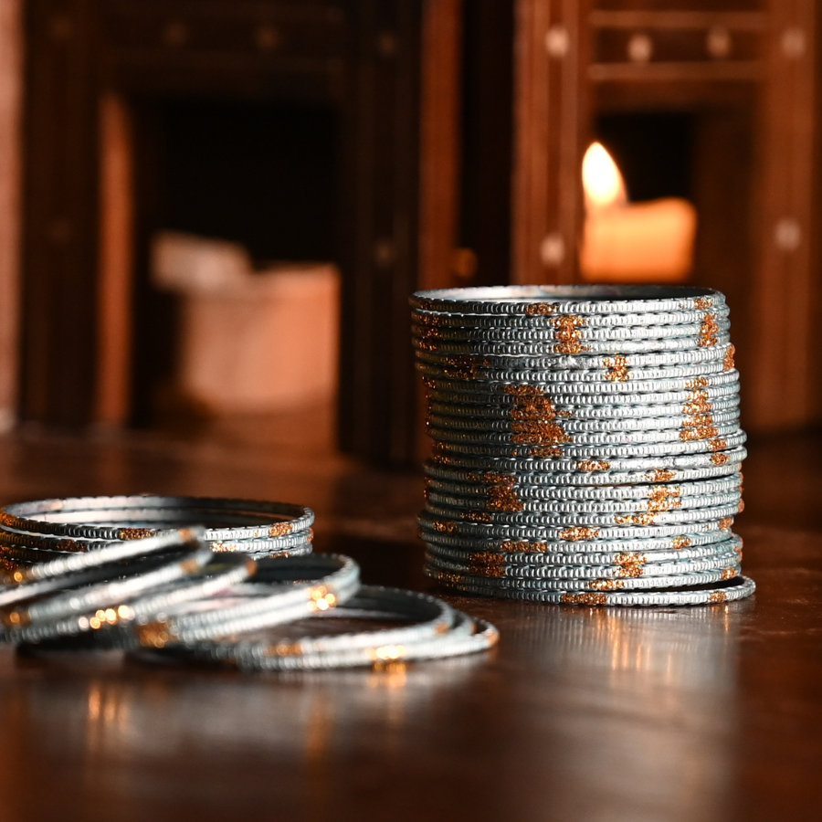 Sky Blue Glass Bangles – Traditional Festive Metal Set
