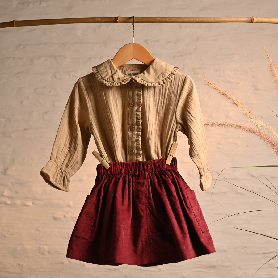 Maroon Corduroy Skirt Set with Khaki Top