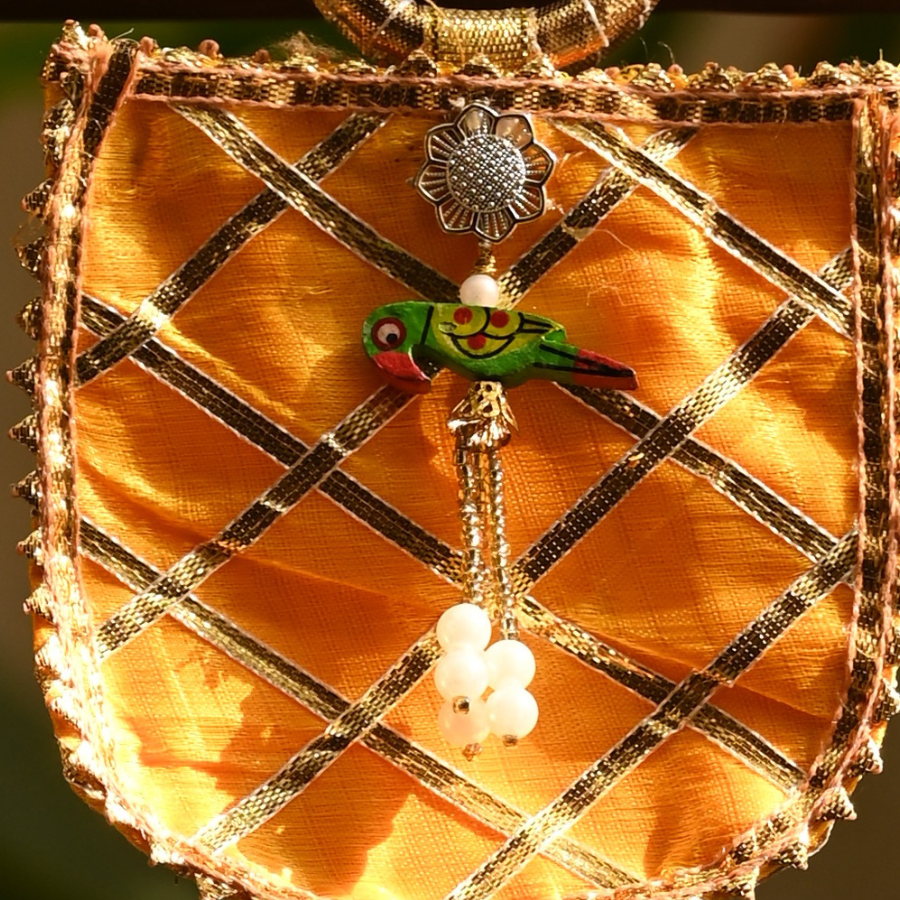 Maina Ginni Bag – Mustard Glow with Vintage Gota Work