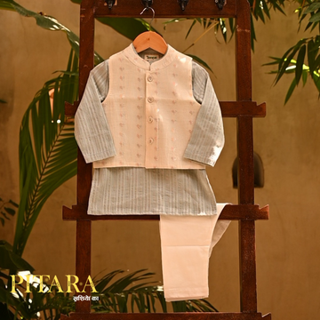 Mint Green Kurta Bandi Pajama Set with Cream Jacket – Cotton Festive Outfit for Boys (0M–7Y)