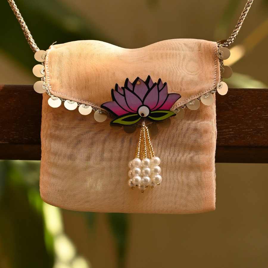 Peach Lotus Ginni Bag – Vintage-Inspired Festive Pouch