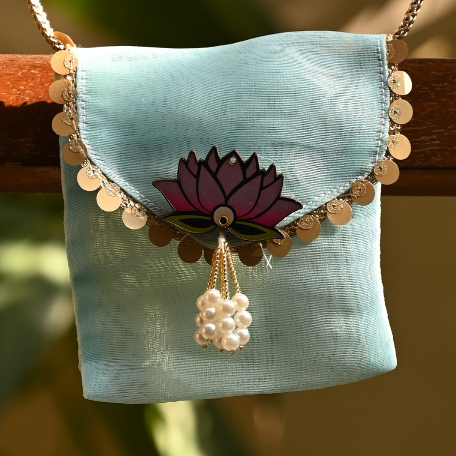 Sky Blue Lotus Ginni Bag – Handcrafted Organza Coin Bag