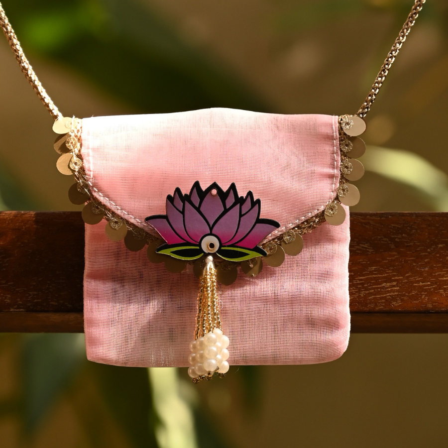Pink Lotus Ginni Bag – Handcrafted Festive Pouch