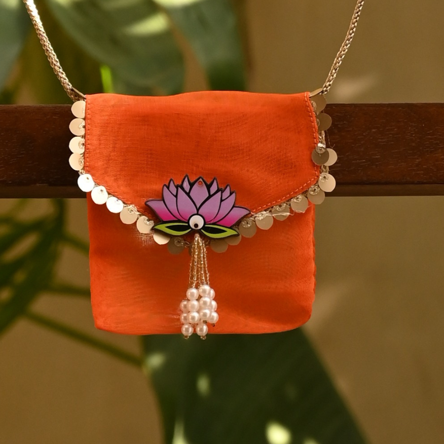 Coral Lotus Ginni Bag – Handcrafted Organza Festive Pouch