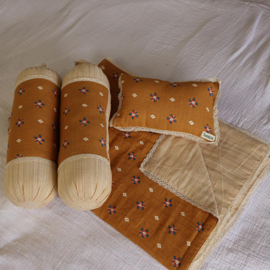 Mustard Seed Pillow, Anti-Roll Side Pillow, and Dohar Set in Mustard