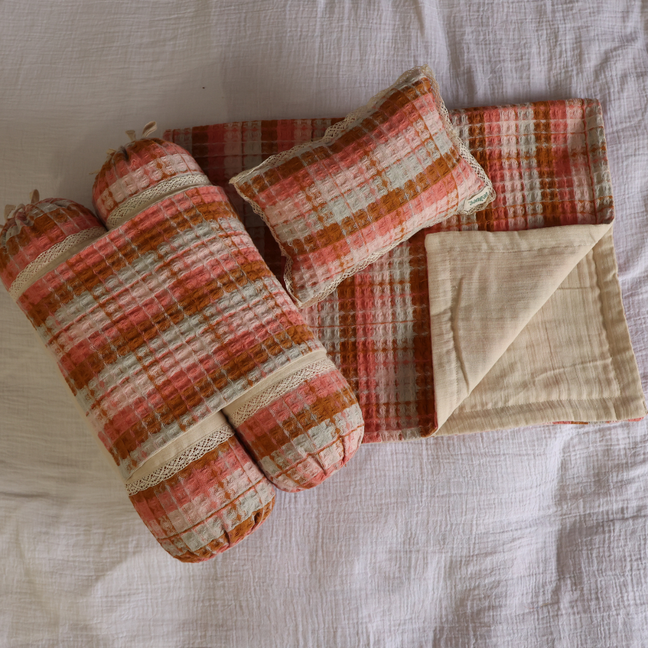 Mustard Seed Pillow, Anti-Roll Side Pillow, and Dohar Set in Pink Tweed Checks