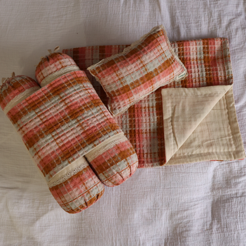 Mustard Seed Pillow, Anti-Roll Side Pillow, and Dohar Set in Pink Tweed Checks