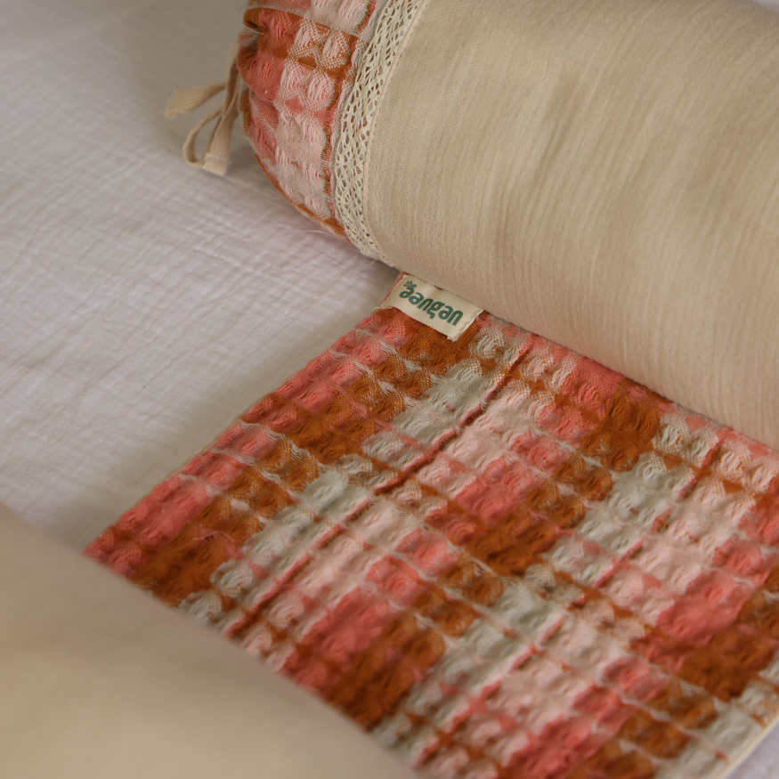 Mustard Seed Pillow, Anti-Roll Side Pillow, and Dohar Set in Pink Tweed Checks