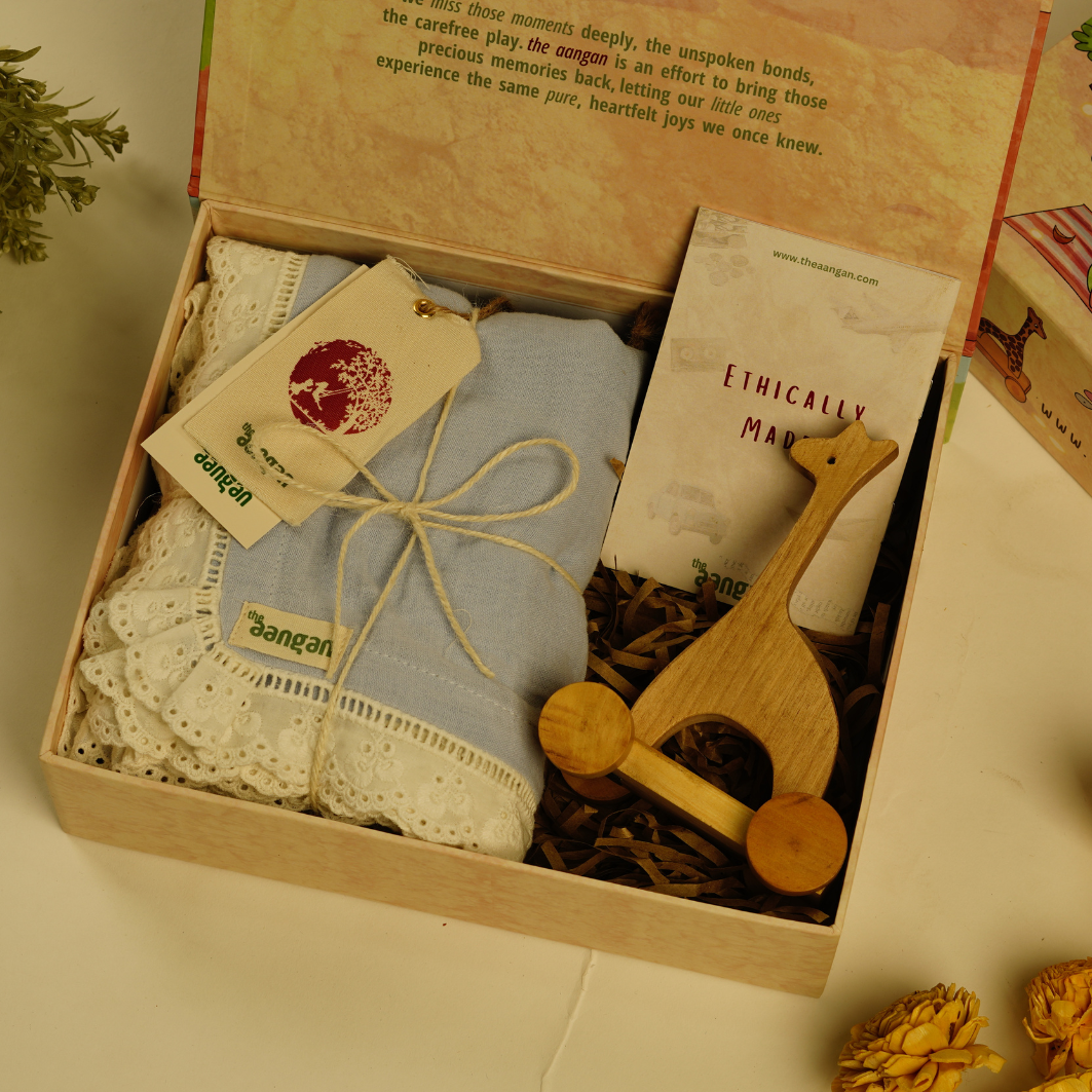 Organic Muslin Blue Swaddle and Neem Wood Giraffe Toy Combo - The Aangan Gift Box