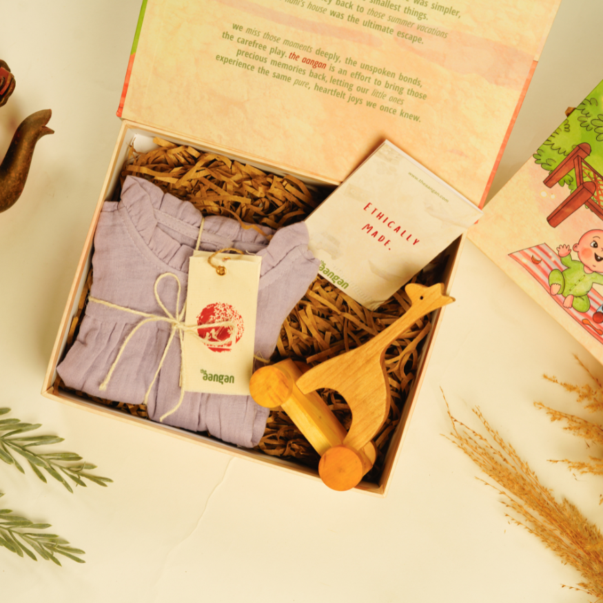 Lilac Baby Girl Romper with Neem Wood Giraffe - The Aangan Gift Box