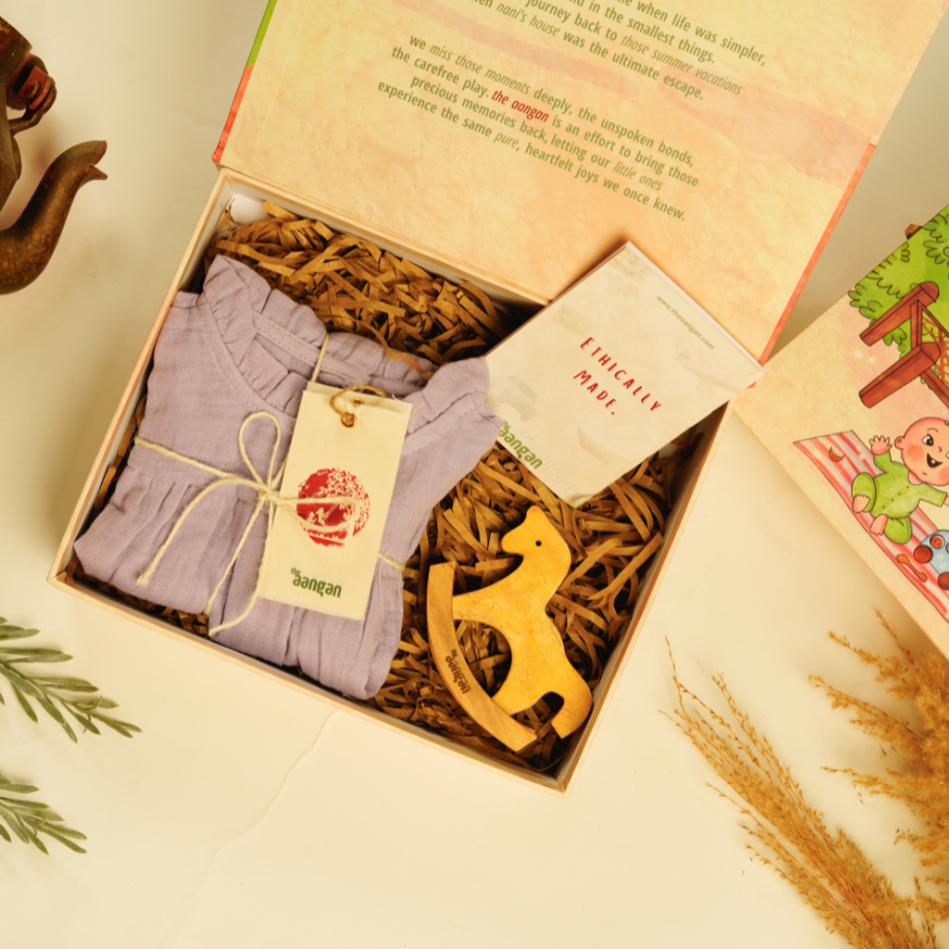 Lilac Baby Girl Romper with Neem Wood Horse - The Aangan Gift Box