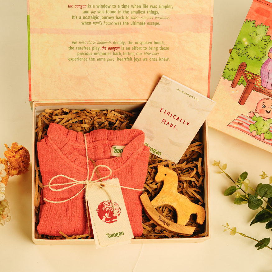 Peach Blossom Baby Girl Romper with Neem Wood Horse - The Aangan Gift Box