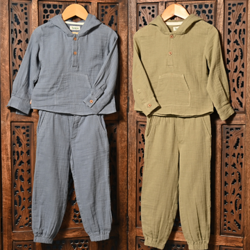 Hoodie Co-ord Set – Blue & Olive (Set of 2)